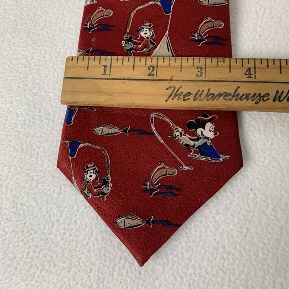 Mickey Unlimited Disney Men's Tie Mickey Goofy Fishing Red Novelty Vintage - Picture 4 of 5